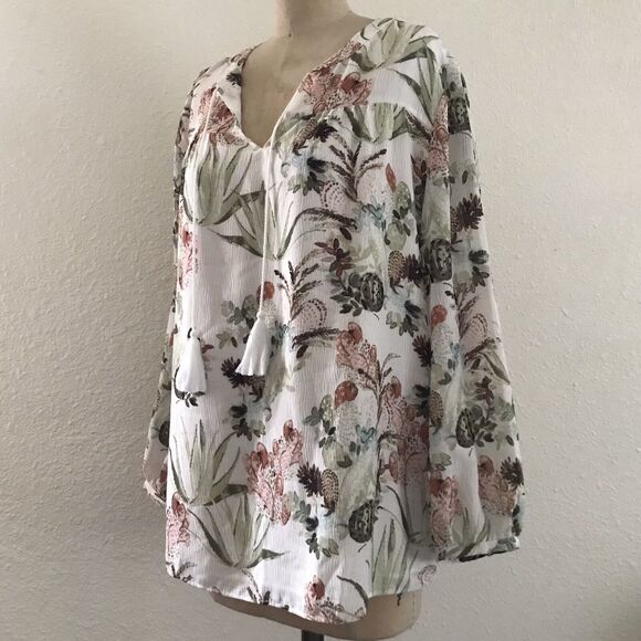 Chicos Ivory Floral Crinkled Boho Gypsy Tunic Top Long Sleeve Blouse NWOT - L - Picture 3 of 9